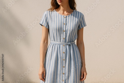 Woman Wearing a Striped Dress With Buttons Poses Against a Plain Background a...