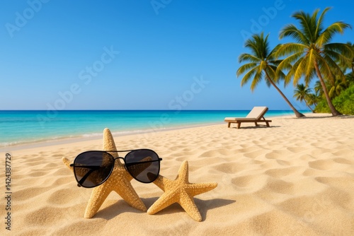 Starfish Wearing Sunglasses on a Sandy Beach With Palm Trees and Turquoise Wa...
