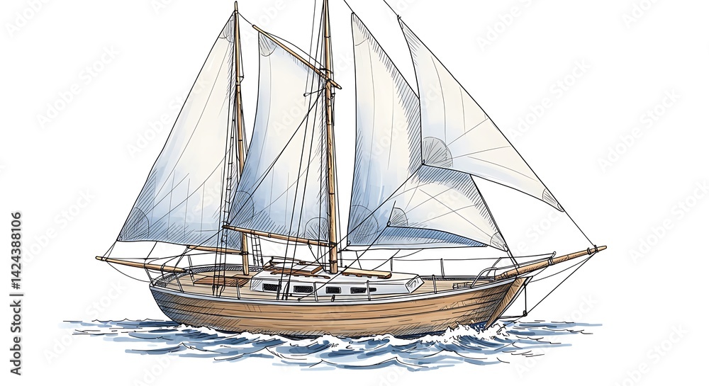 Obraz premium Sailing on Water Illustration of a Classic Sailboat