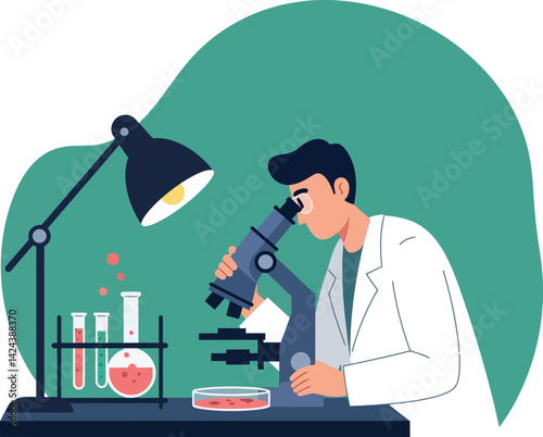 Scientist examining samples under microscope in laboratory with test tubes and lamp vector illustration 