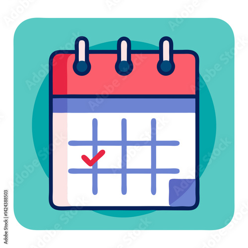A cheerful desk calendar with a completed task, symbolizing productivity and organization, featuring a vibrant color palette and bold outlines.