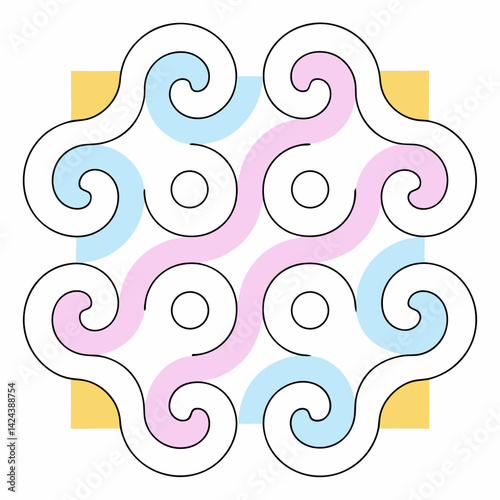 A playful pastel swirl pattern, a delightful dance of pink and blue spirals within a gentle yellow frame, creating a calming and aesthetically pleasing design.