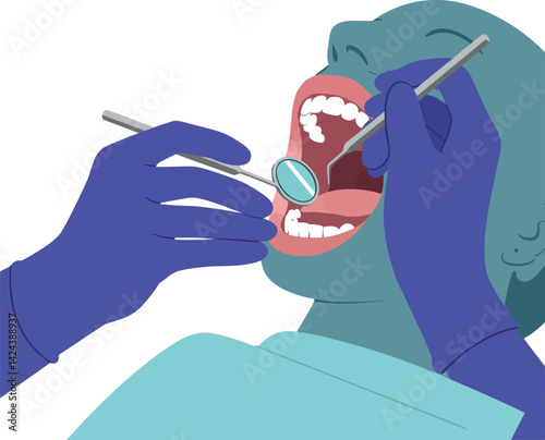 Dental Checkup Illustration Showing Oral Examination with Tools and Gloves Vector