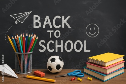 Back to School Preparation With Sports Equipment and Colorful Stationery on a...