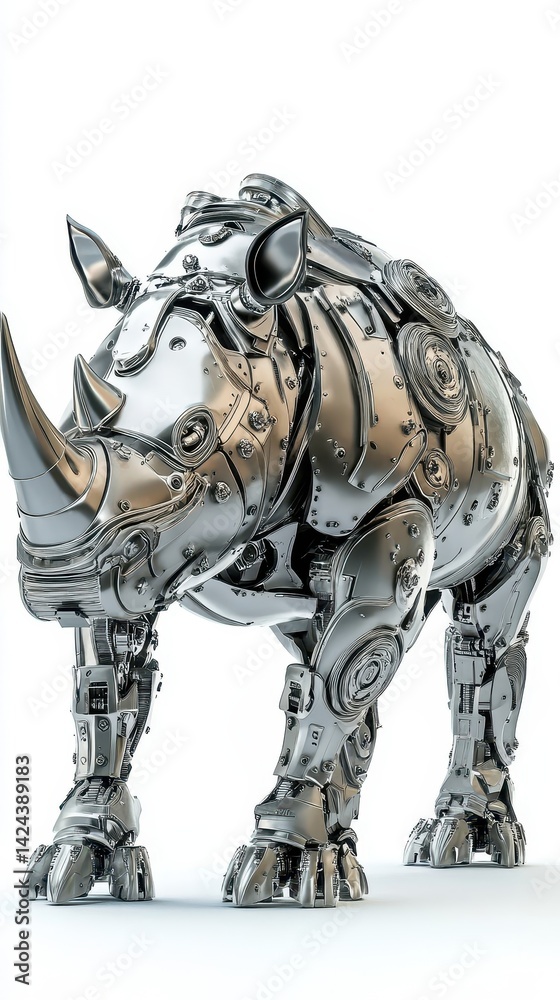 A metallic rhino robot, meticulously detailed in mechanical design.