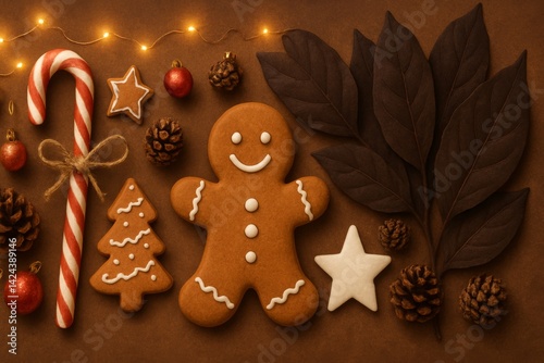Festive Gingerbread Cookie Arrangement With Candy Cane and Stars During Holid...