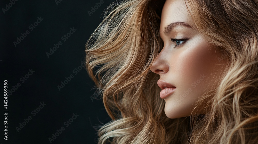 Obraz premium Beautiful woman posing with long healthy blond hair on black background