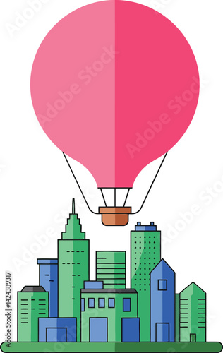Hot air balloon flying over green and blue cityscape vector illustration with pink balloon design