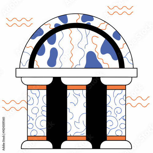 A whimsical temple bathed in sunshine, a vibrant celebration of culture and heritage, featuring bold blue, orange, and white patterns on a clean white background.