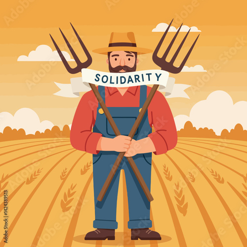 Farmer Holding Pitchforks with Solidarity Banner in Wheat Field Vector Illustration 