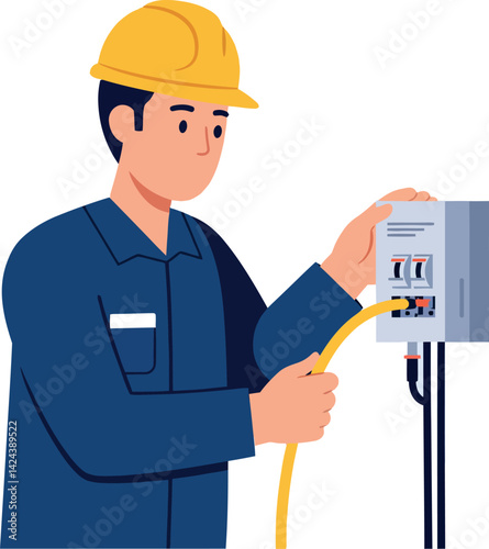 Electrician working with electrical panel and cable in safety helmet vector illustration 