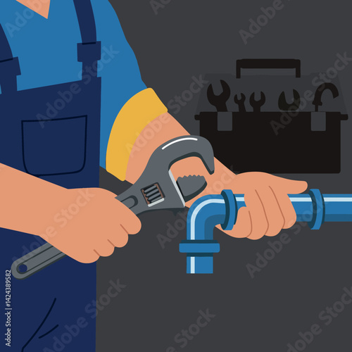 Plumber fixing blue pipe with wrench in workwear vector illustration 