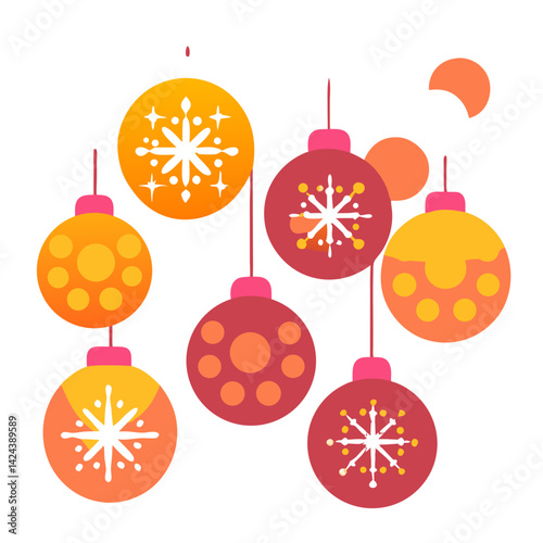 Festive holiday ornaments, a cheerful array of warm-toned baubles adorned with snowflakes, celebrating winter joy in a vibrant, minimalist style.