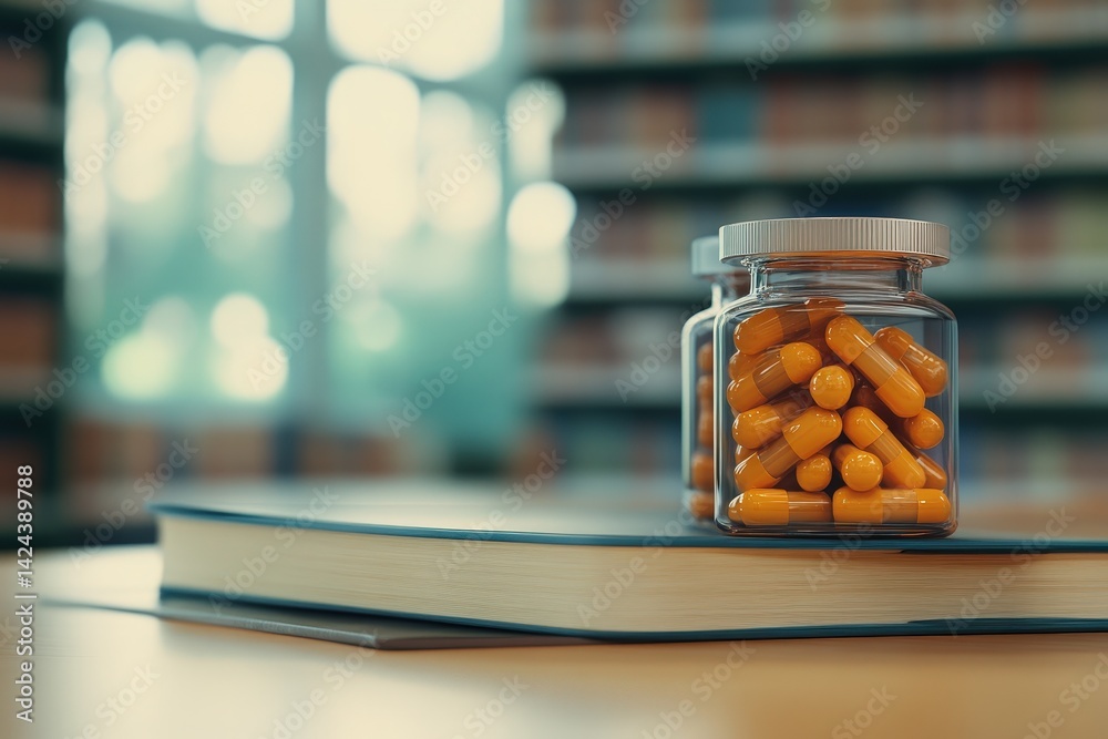 Orange pills in a glass jar on a book in a library setting. Orange pills in a glass jar on a book in a library setting.
