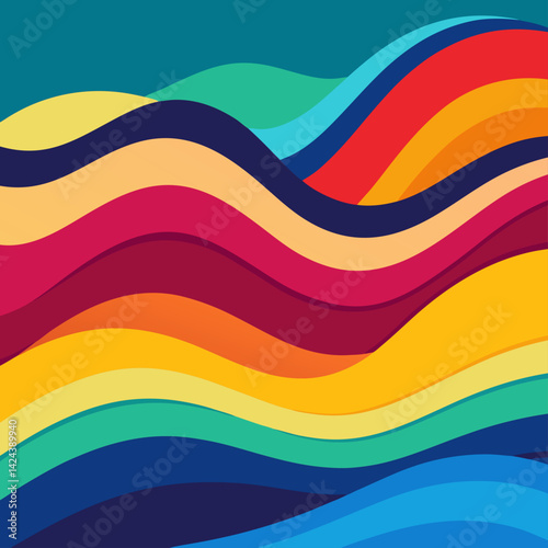 Vibrant rainbow waves flowing across a canvas, a joyful celebration of color and energy with bold, saturated hues and smooth curves.