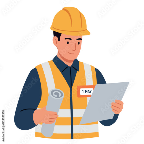 Construction Worker Wearing Safety Vest and Helmet Holding Blueprints and Paper Vector Illustration 