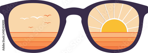 Sunglasses reflecting sunset with ocean waves and flying birds vector illustration for summer and vacation themes