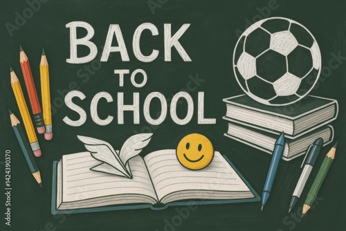 Colorful Back to School Illustration Featuring Books, Pencils, and a Soccer B...