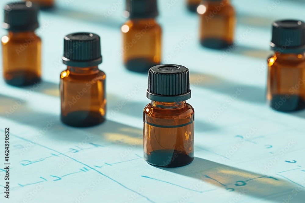 Amber glass bottles arranged on a light blue surface. Amber glass bottles arranged on a light blue surface.