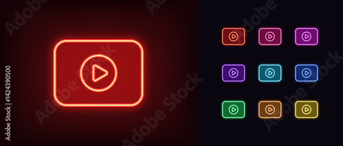 Outline neon video player icon. Glowing neon media screen with play button, video content icon. Multimedia display, media player, online movie channel, game replay, video stream. Vector icon set