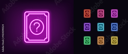 Outline neon quiz card icon. Glowing neon play card with question mark, guessing game icon. Quiz time, trivia game show, tarot card, guess answer, questionnaire, quiz competition. Vector icon set