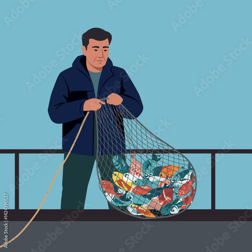 Fisherman pulling fishing net full of colorful fish on boat deck vector illustration 