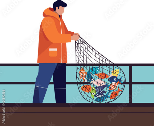 Fisherman in orange jacket holding fishing net full of fish vector illustration 