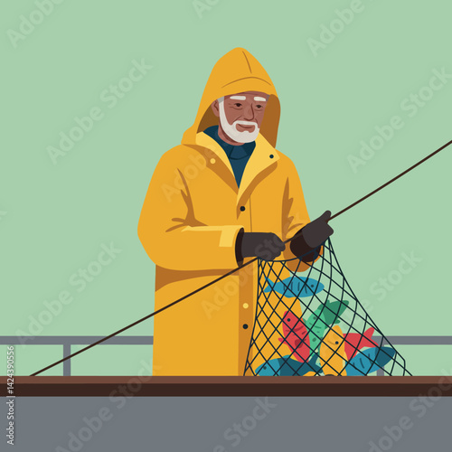 Fisherman in yellow raincoat holding net with colorful fish on boat vector illustration 