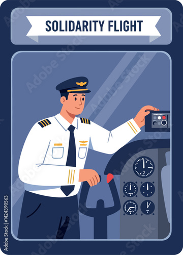 Airplane pilot operating cockpit controls during solidarity flight mission vector illustration 
