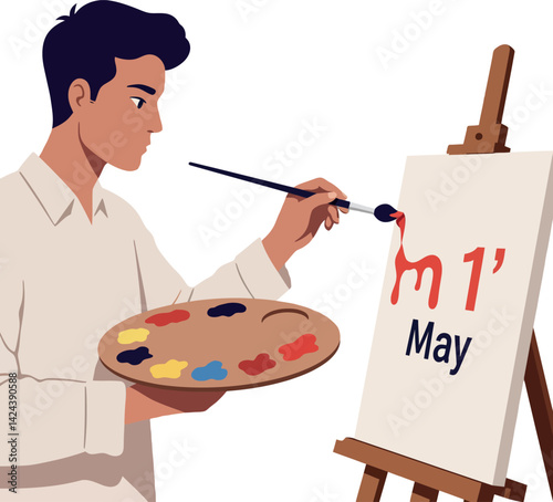 Male artist painting on canvas with palette and brush in creative studio environment 
