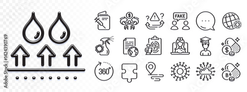 360 degrees, Place and Attention line icons for web app. Glare of light effect. Message icon. Pack of Telemedicine, Fingerprint, Fake information pictogram icons. Vector