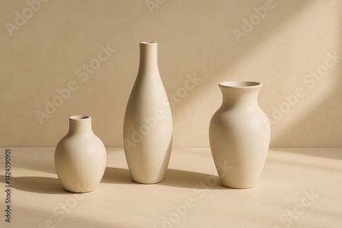 Elegant Arrangement of Minimalist Ceramic Vases in Neutral Tones on a Light B...