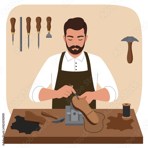Shoemaker crafting leather shoes with tools on beige background vector illustration 