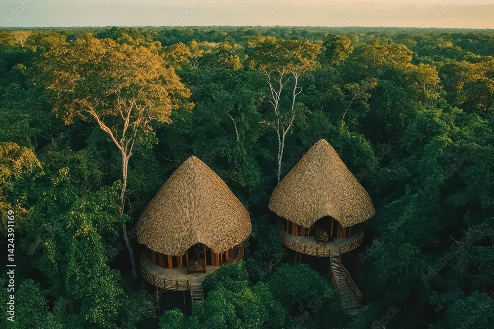 Two secluded treehouses nestled within a lush rainforest canopy