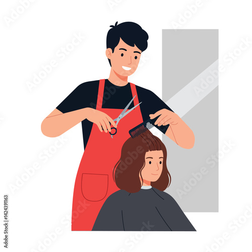 Male hairdresser cutting female client hair in salon with mirror and scissors vector illustration 