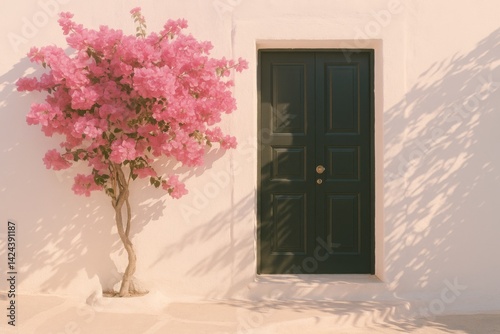 Bright Bougainvillea Blooms by a Dark Door Create a Charming Entrance at Sunset