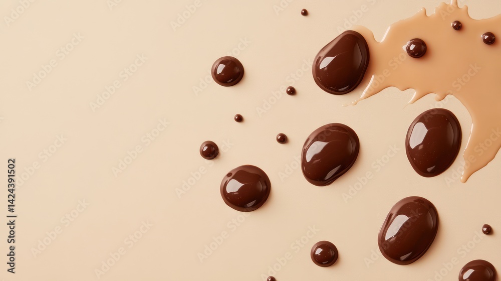 Fototapeta premium Chocolate and caramel drips on beige background, food photography, dessert