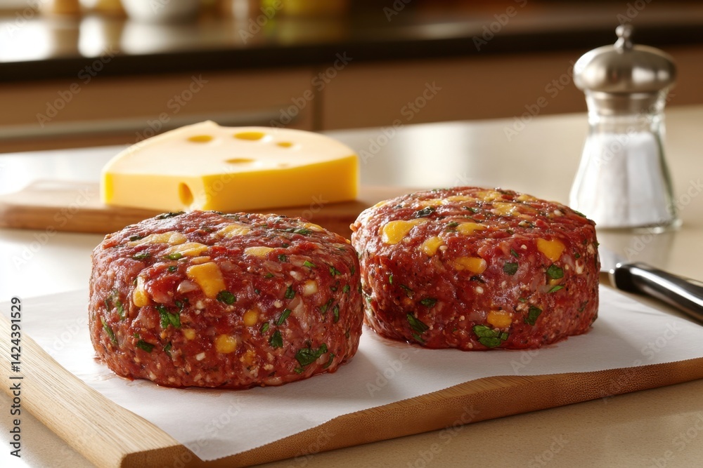 Two uncooked cheeseburgers patties on a wooden cutting board with cheese wedge