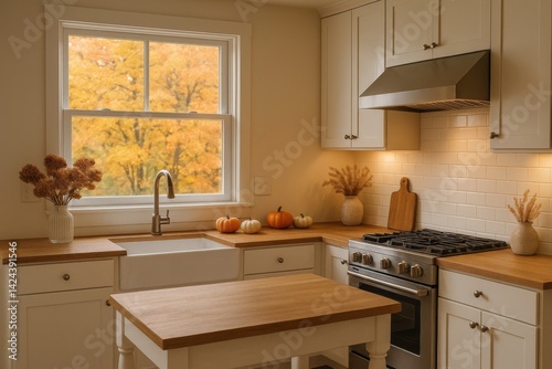 Cozy Kitchen With Fall Decor and Window View of Autumn Foliage