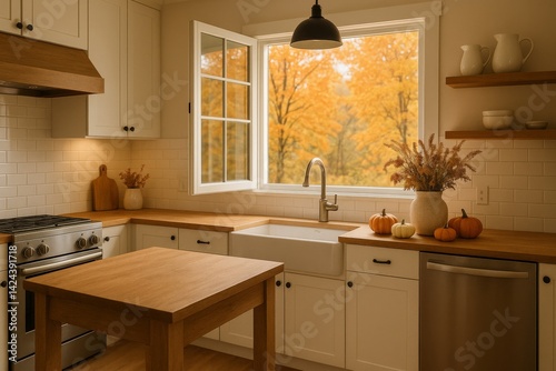 Cozy Kitchen With Fall Decor and Window View of Autumn Foliage