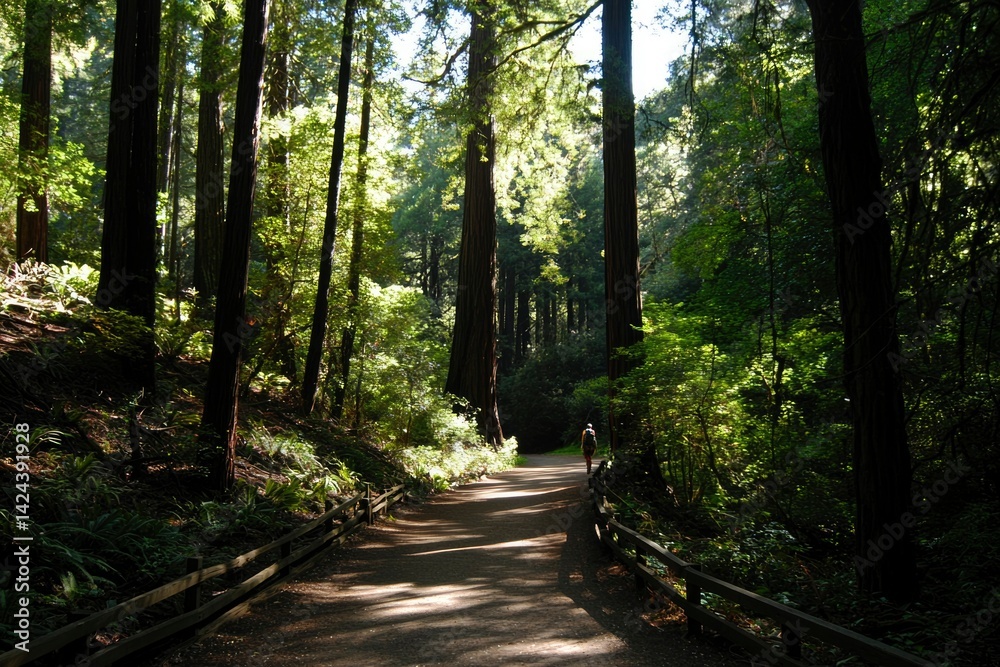 Path winds through a sun-dappled forest, tall trees creating a peaceful, natural atmosphere Path winds through a sun-dappled forest, tall trees creating a peaceful, natural atmosphere