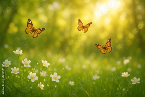 Colorful Butterflies Flutter Above Blooming Daisies in a Sunlit Meadow During...