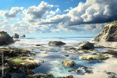 Coastal rocks, placid waves, and a sky of cumulus clouds.