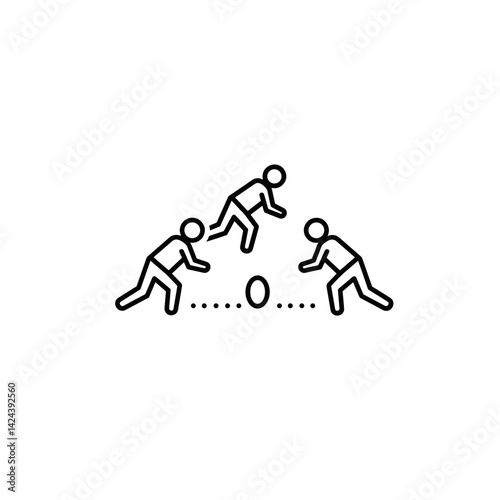 Three players competing for a rugby ball in a playful setting  