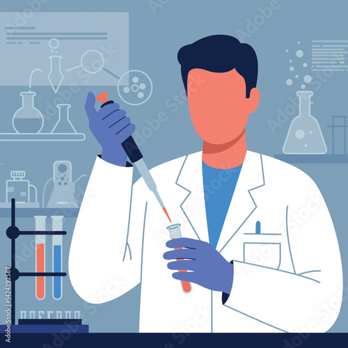 Scientist conducting laboratory experiment with pipette and test tubes in blue gloves vector illustration 