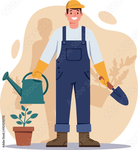 Gardener watering plant with watering can and holding small shovel in garden vector illustration 