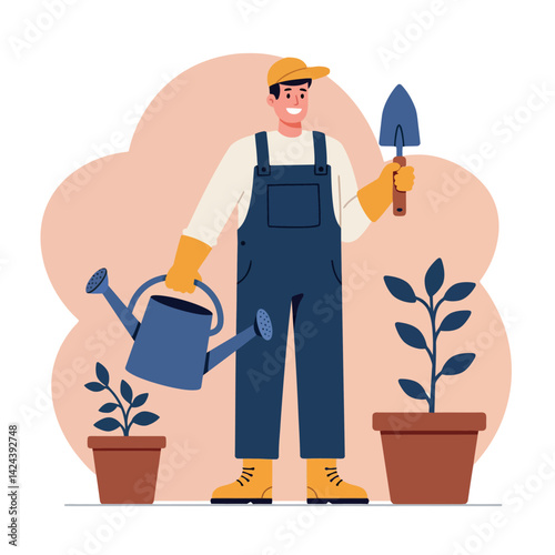 Male Gardener Watering Plants with Pot and Shovel in Gardening Activity Vector Illustration 