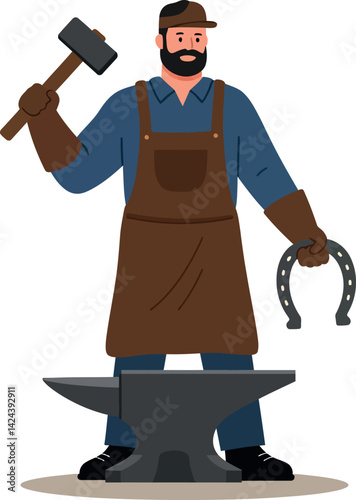 Blacksmith holding hammer and horseshoe near anvil in workshop vector illustration 
