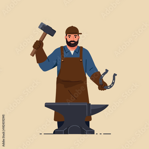 Blacksmith holding hammer and horseshoe working at anvil in workshop vector illustration 