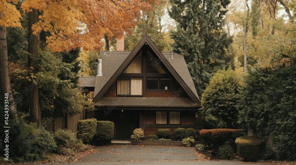 A-frame cabin-style house surrounded by trees, contrasting with a nearby traditional suburban home A-frame cabin-style house surrounded by trees, contrasting with a nearby traditional suburban home
